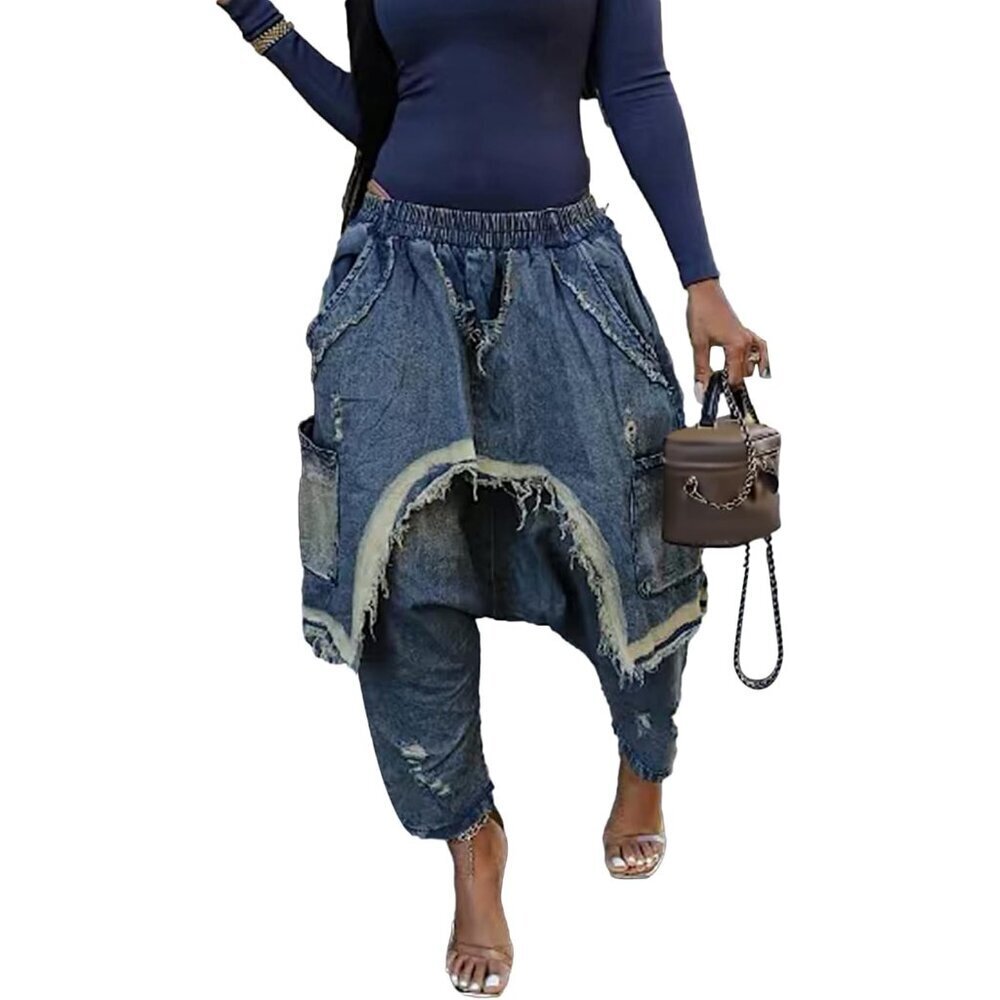 Women's Ripped Denim Harem Pants Patchwork Elastic Waist Casual Trousers
